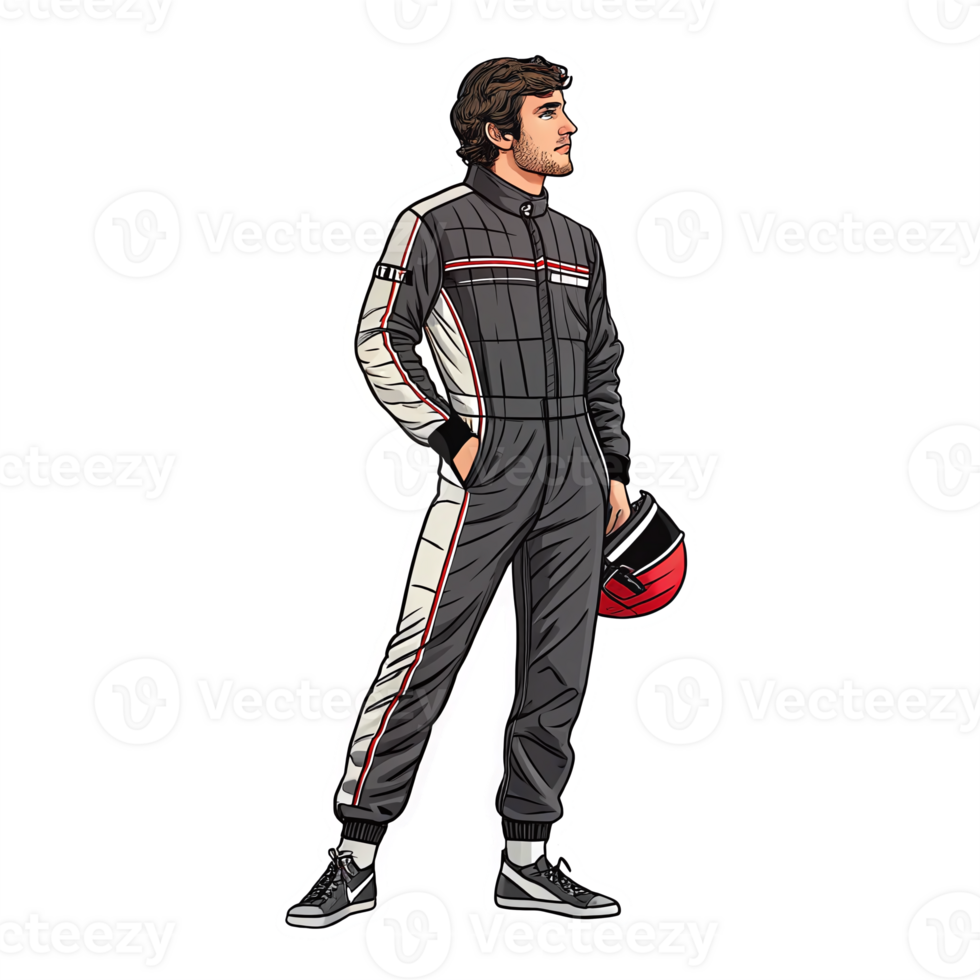 Racing Driver in Modern Racing Suit with Helmet and Contemplative Expression on Transparent Background png