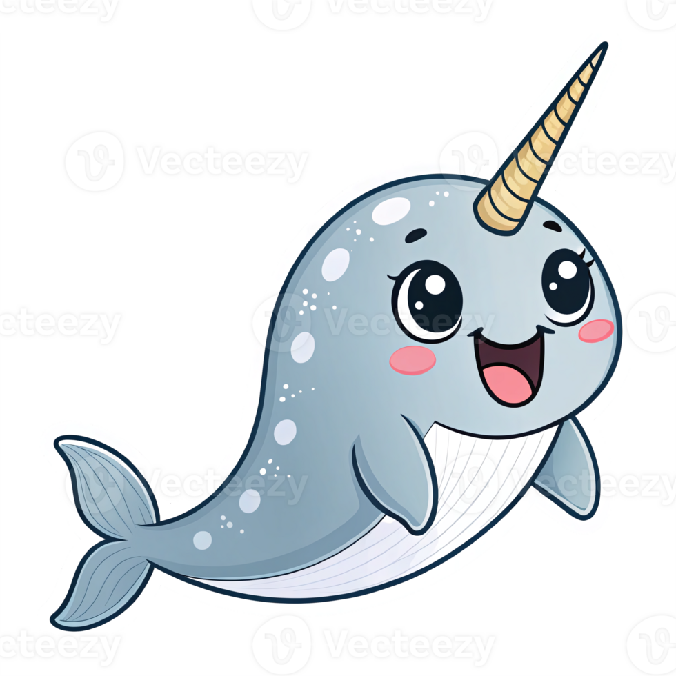 Cute Cartoon Narwhal Character with Smiling Face and Playful Expression on Transparent Background png