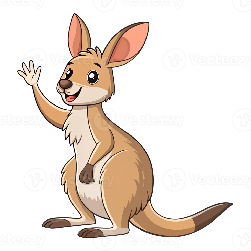 Cheerful Cartoon Kangaroo Waving with Friendly Expression and Detailed Fur on Transparent Background png