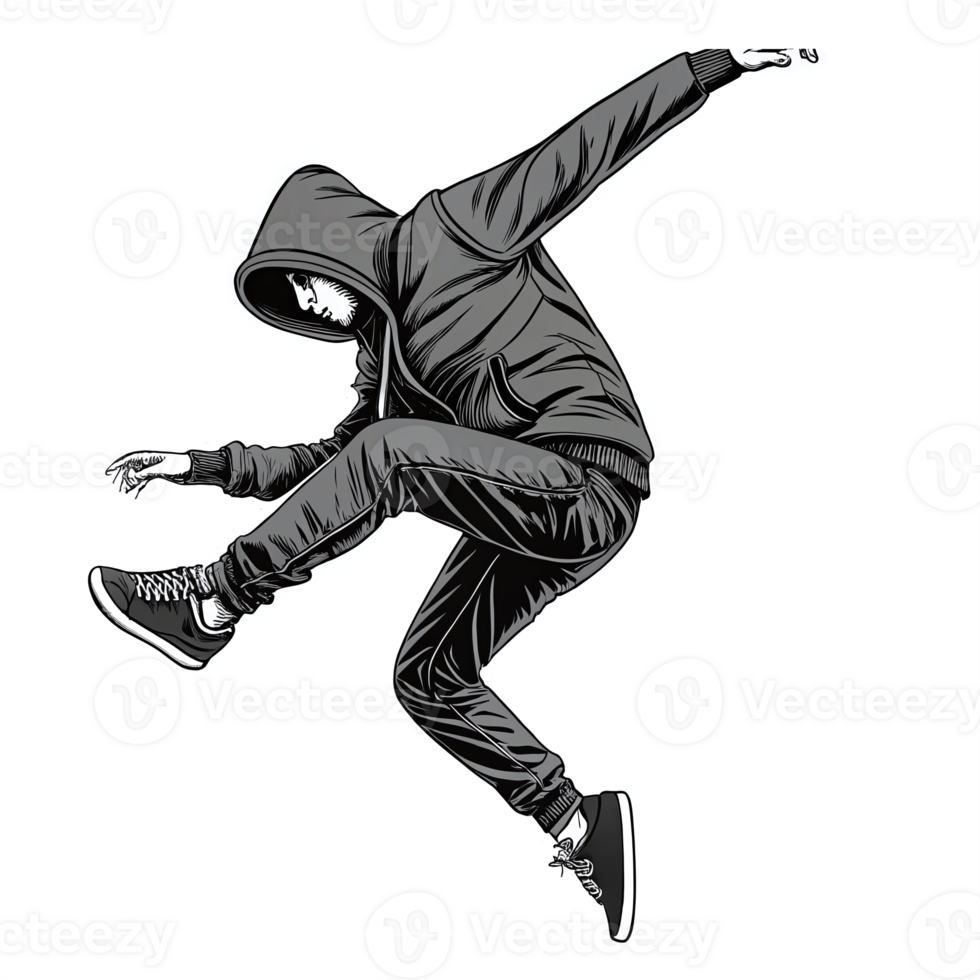 Dynamic Urban Dancer in Hoodie Performing Jumping Dance Move on Transparent Background png