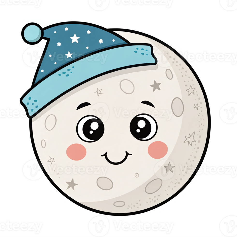 Cute Cartoon Moon Character Wearing a Sleep Hat with Stars on a Transparent Background png