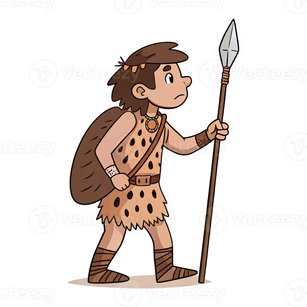 Cave Explorer Character with Spear and Shield in Primitive Attire on Transparent Background png