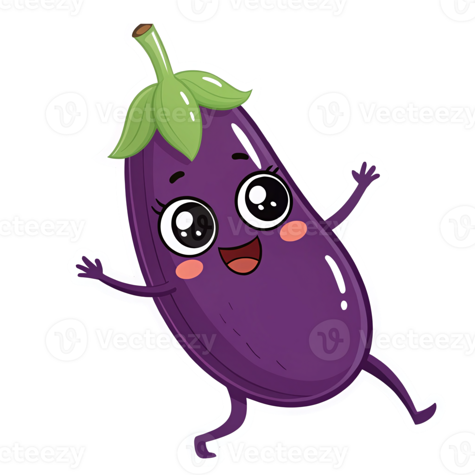 Cute Happy Eggplant Character with Cheerful Expression on Transparent Background png