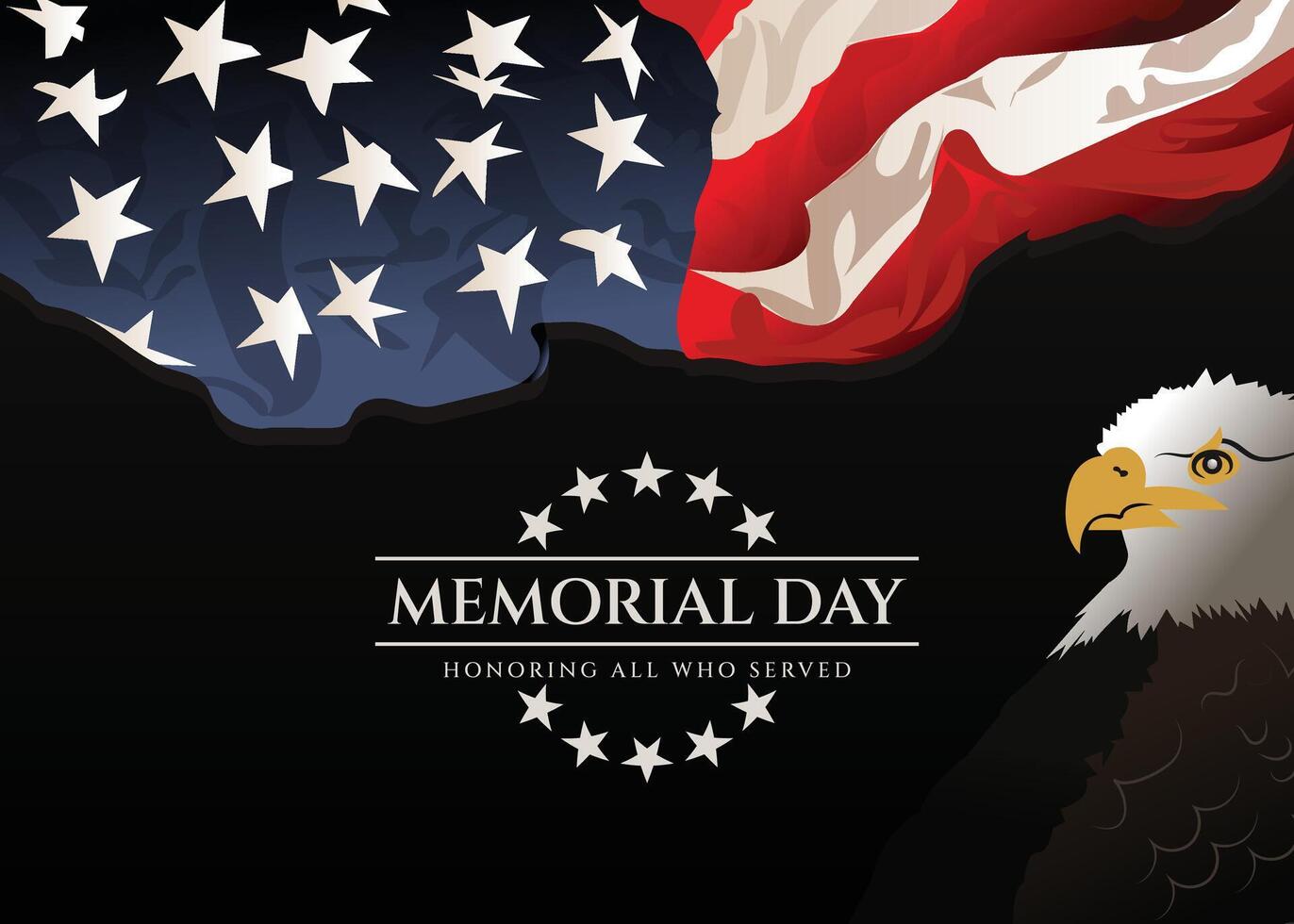 Memorial Day background design with the American flag and Honoring All Who Served text on a dark theme, ideal for social media posters, banners, and greeting cards vector