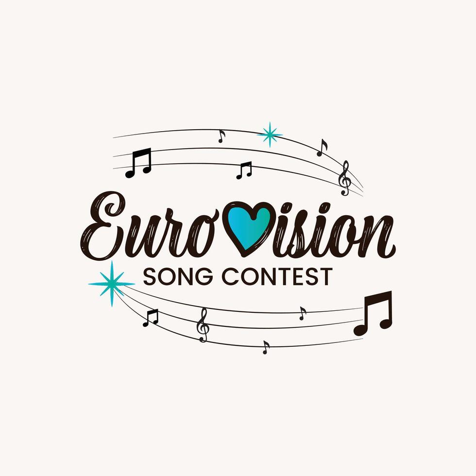 Europe Song Contest Eurovision typography featuring a heart shaped flag, music notes, and a harmony themed logo. Perfect icon illustration for music events and contest branding vector