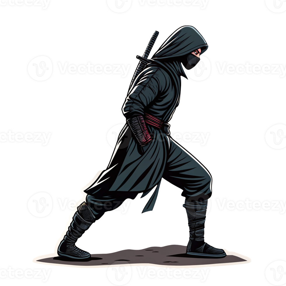 Stealthy Ninja Character in Dynamic Action Pose with Sword on Transparent Background png