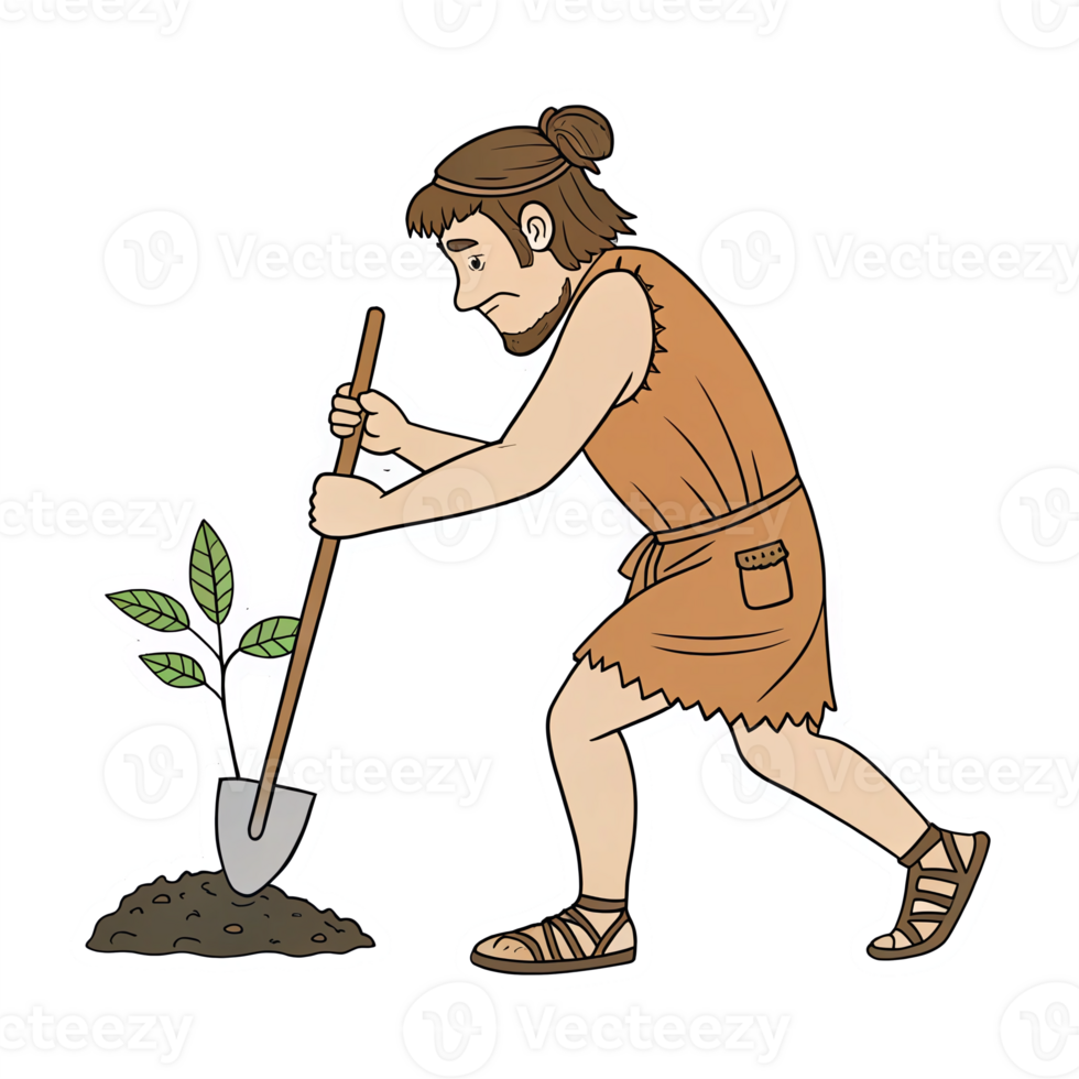 Primitive Man Digging Soil to Plant Young Green Plant with Shovel in a Transparent Background png