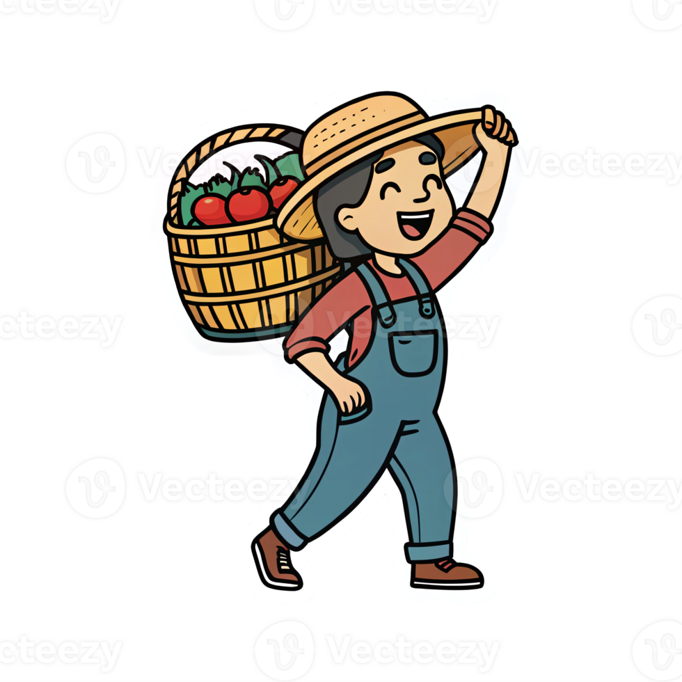 Cheerful Farmer Carrying Basket of Fresh Tomatoes in Colorful Cartoon Style with Transparent Background png