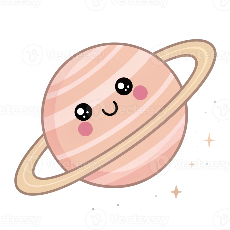 Cute Cartoon Planet Saturn with Smiling Face and Ring in Transparent Background png