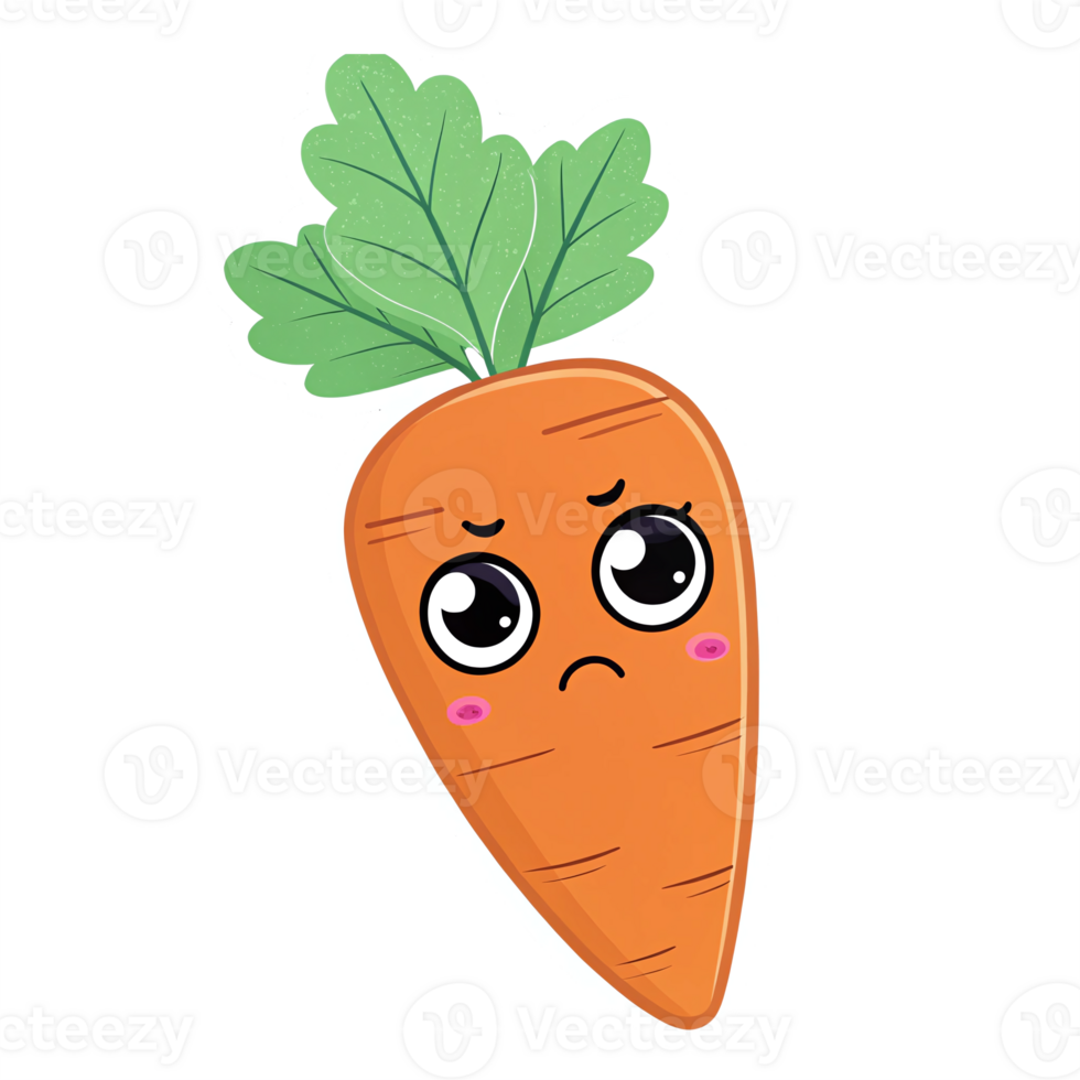 Cute Cartoon Carrot Character with Big Eyes and Sad Expression on Transparent Background png