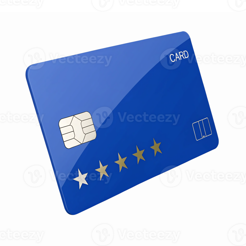 Realistic Blue Payment Card with Chip and Star Ratings on Transparent Background png