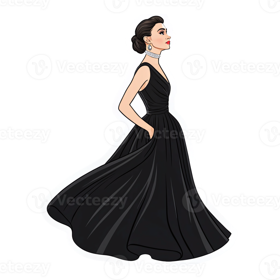 Elegant Woman in Stunning Black Dress with Flowing Skirt on Transparent Background png