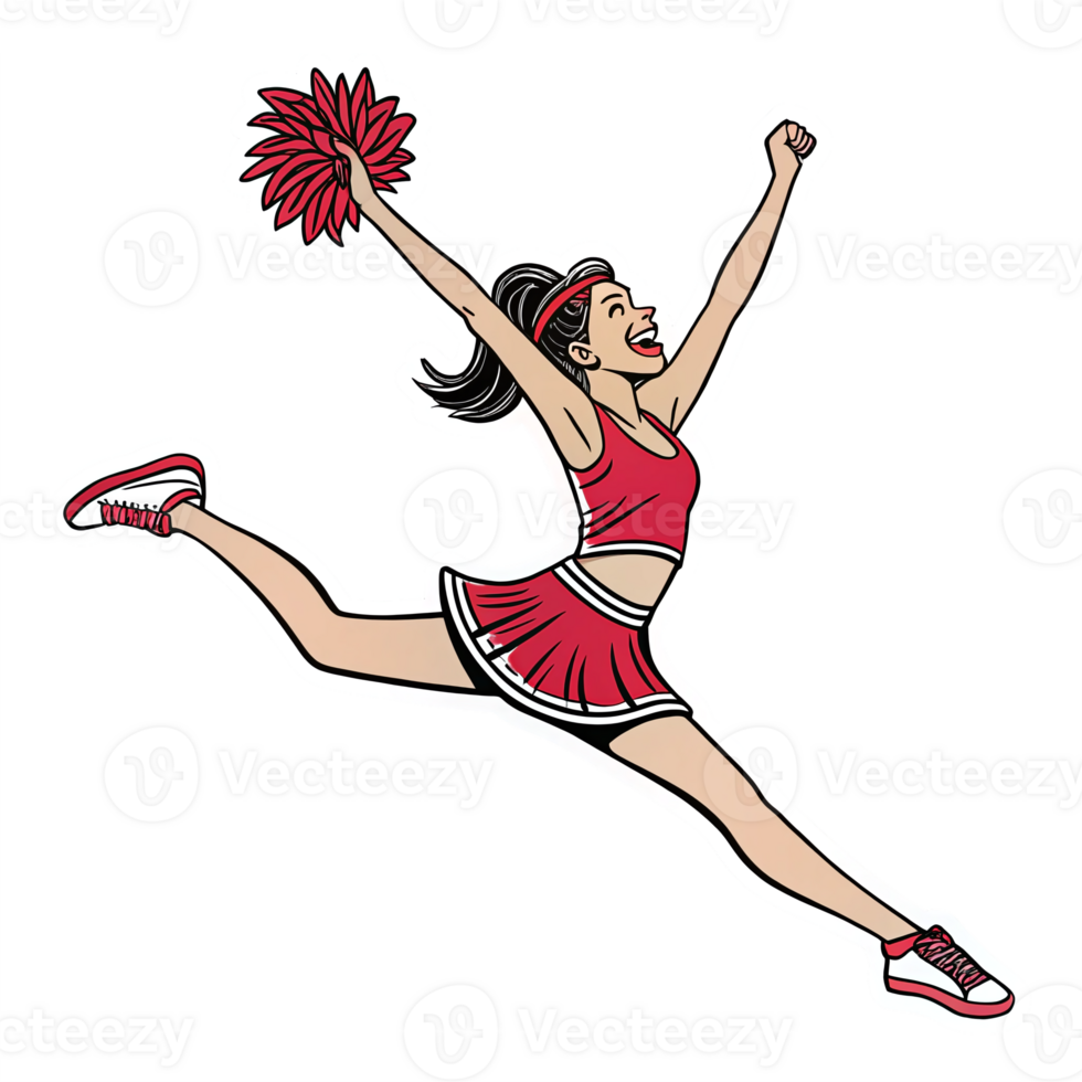 Energetic Cheerleader Jumping with Pom Poms Celebrating Victory in Sports Uniform png
