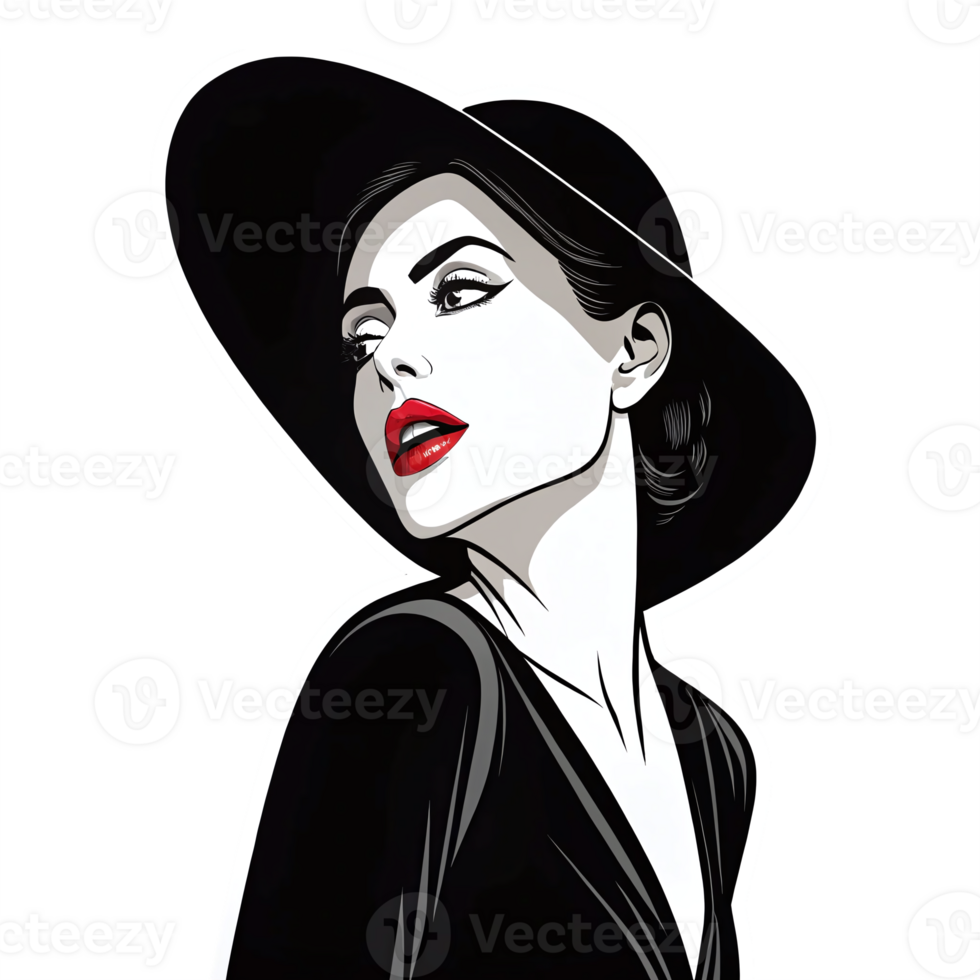 Elegant Woman with Red Lips Wearing a Wide Brim Hat in a Fashion Illustration Style png
