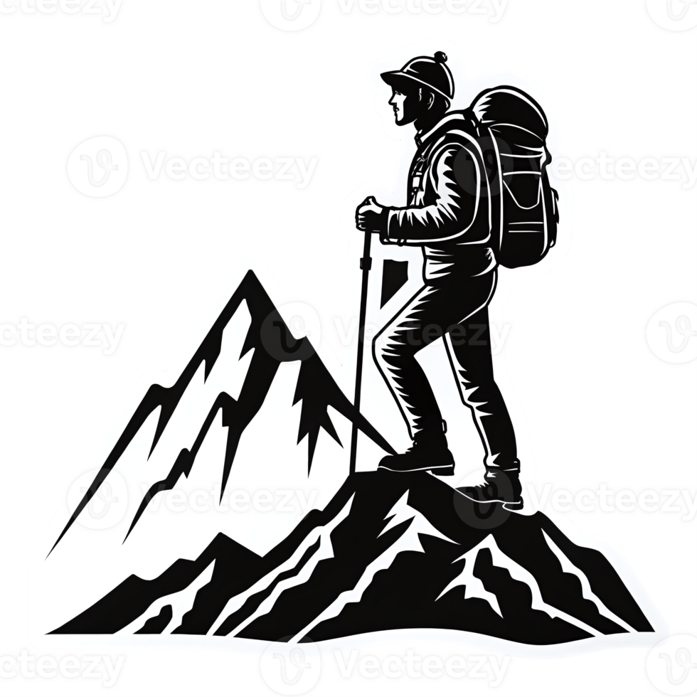 Hiker Standing on Mountain Summit with Backpack in Monochrome Style for Adventure Themes png