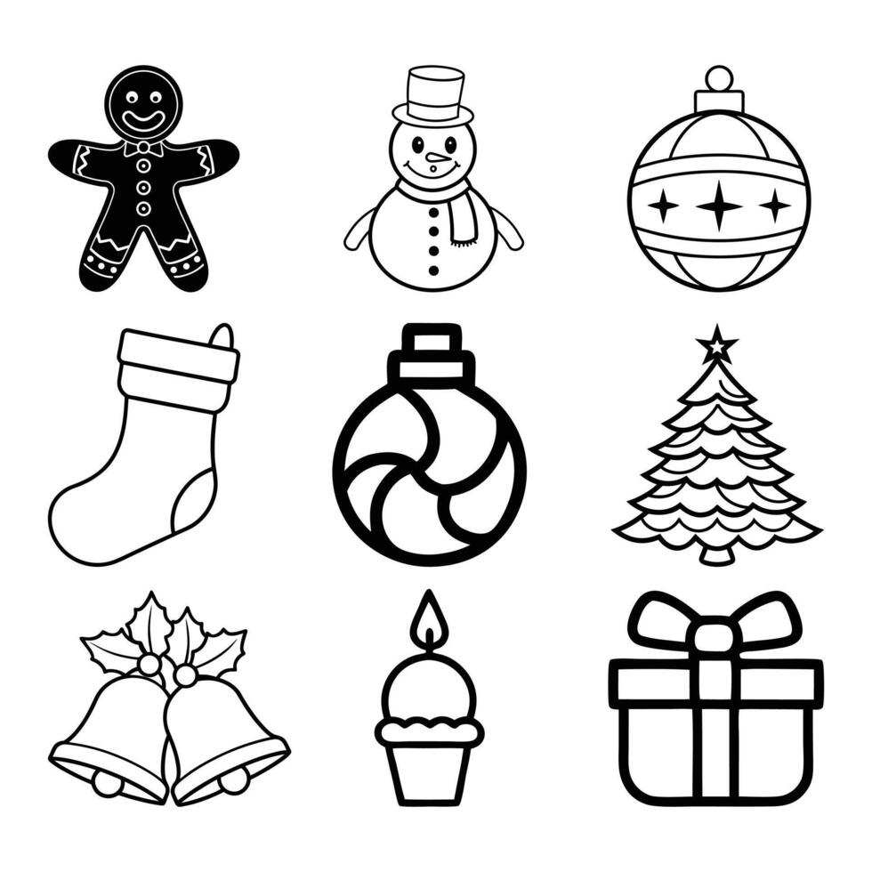 Black and White Christmas Icon Set Outline Holiday Elements Including Tree, Gift, Snowman, Bells, and Ornaments vector