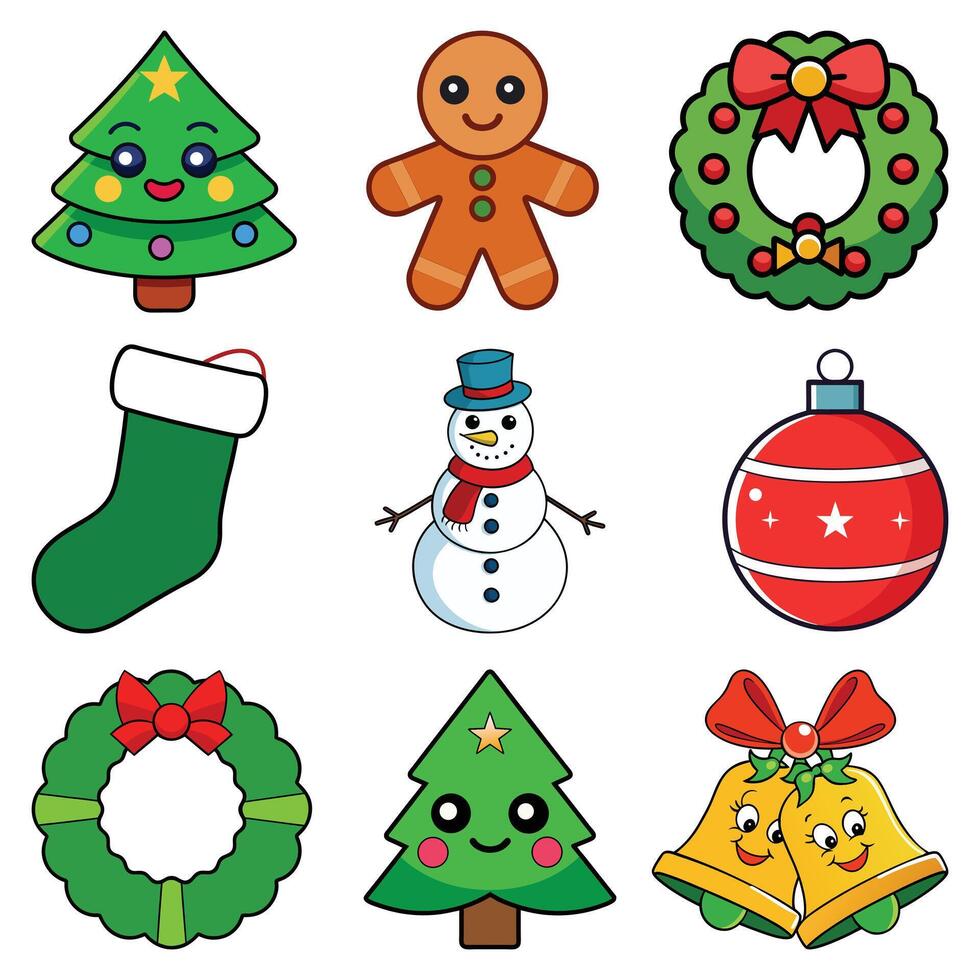Set of Cute Christmas Cartoon Icons Festive Tree, Snowman, Wreath, Bells, and Holiday Decorations Illustration vector