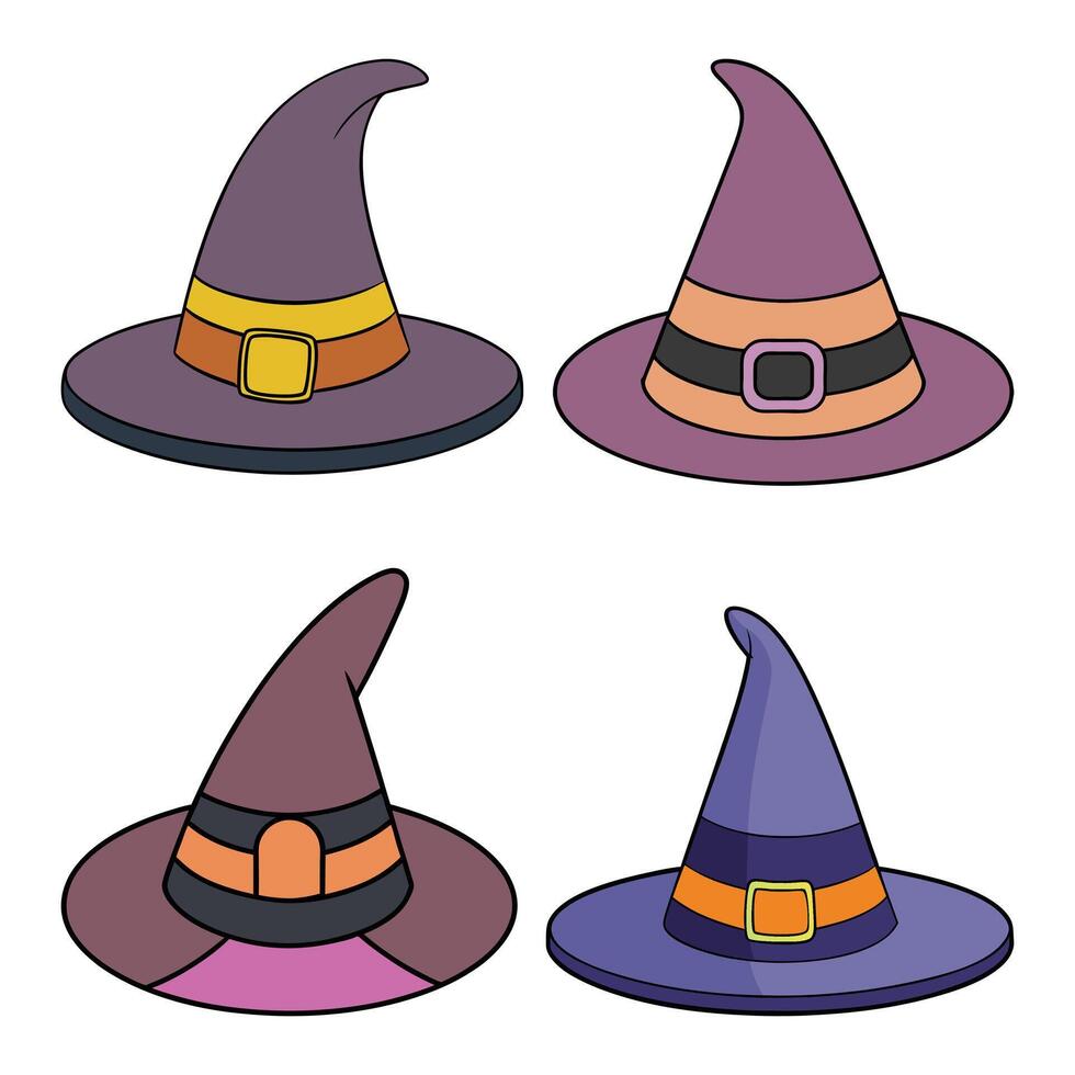 Set of Cartoon Witch Hats Colorful Halloween Wizard Hat Illustrations vector