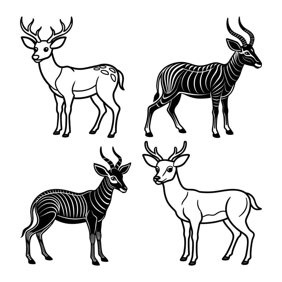 Deer and Antelope Set Black and White Wildlife Animal Illustrations with Horns and Stripes vector