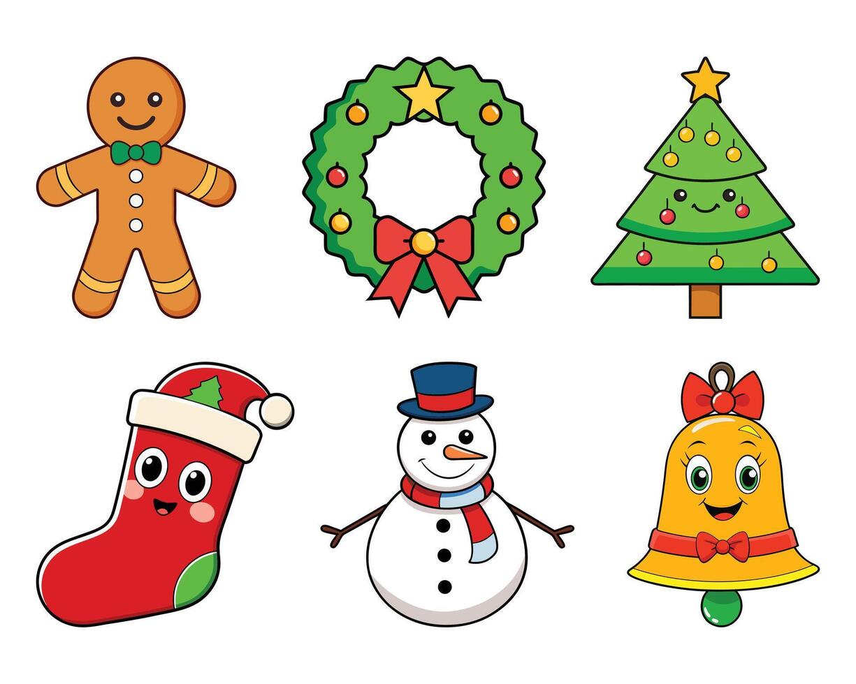 Cute Christmas Cartoon Icon Set Gingerbread Man, Snowman, Tree, Bell, Wreath, and Santa Stocking Illustration vector