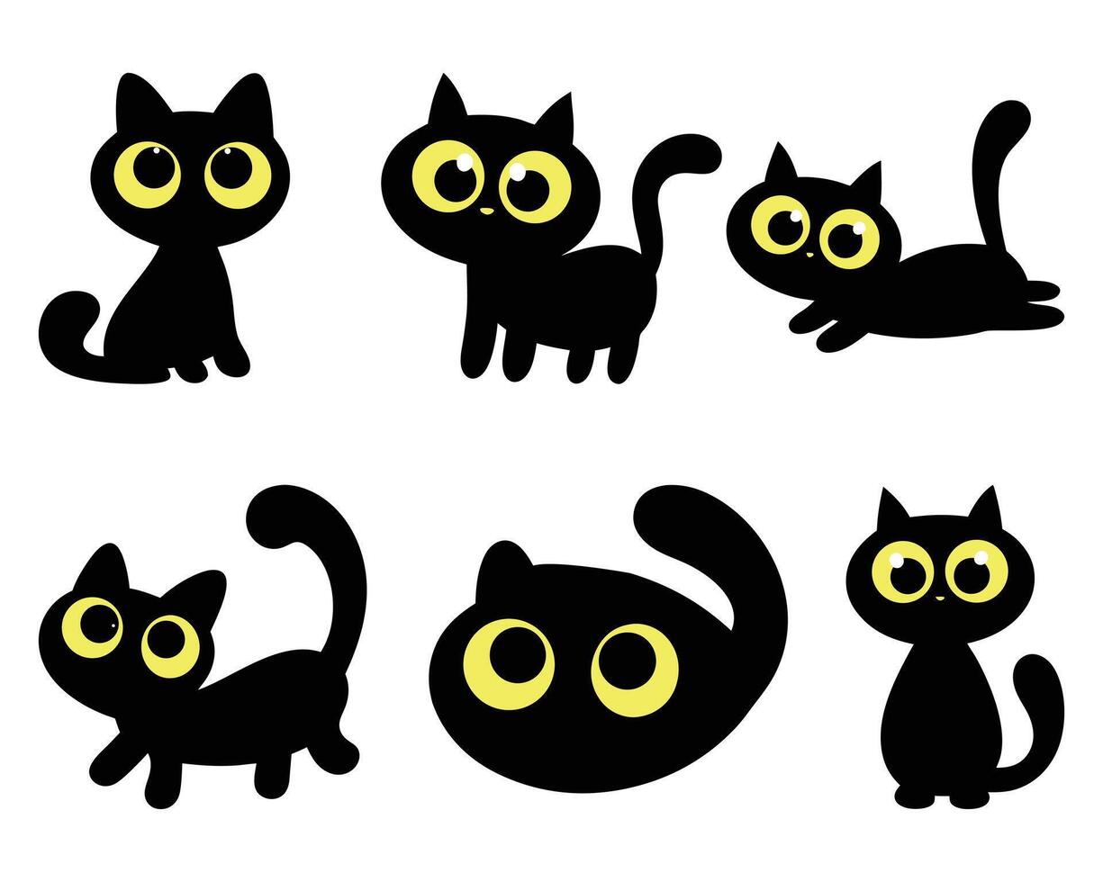 Cute Black Cat Silhouette Set with Big Eyes Cartoon Halloween Kitty vector