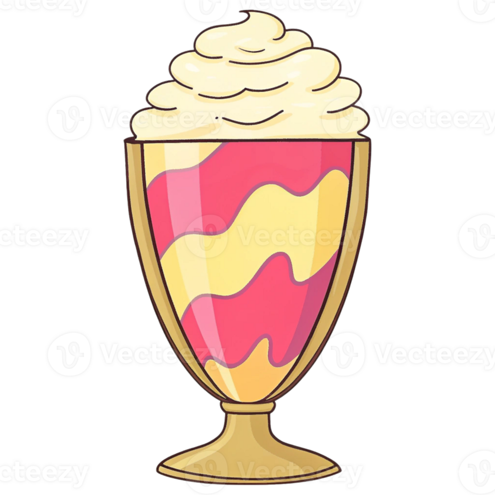 A colorful dessert in a glass topped with whipped cream, featuring swirls of pink and yellow, perfect for a sweet treat. png