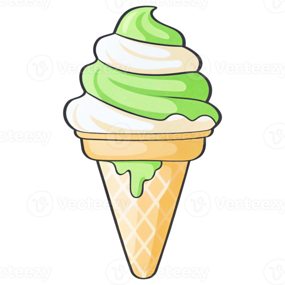 Swirled green and white ice cream in a waffle cone, dripping slightly, set against a black background. png