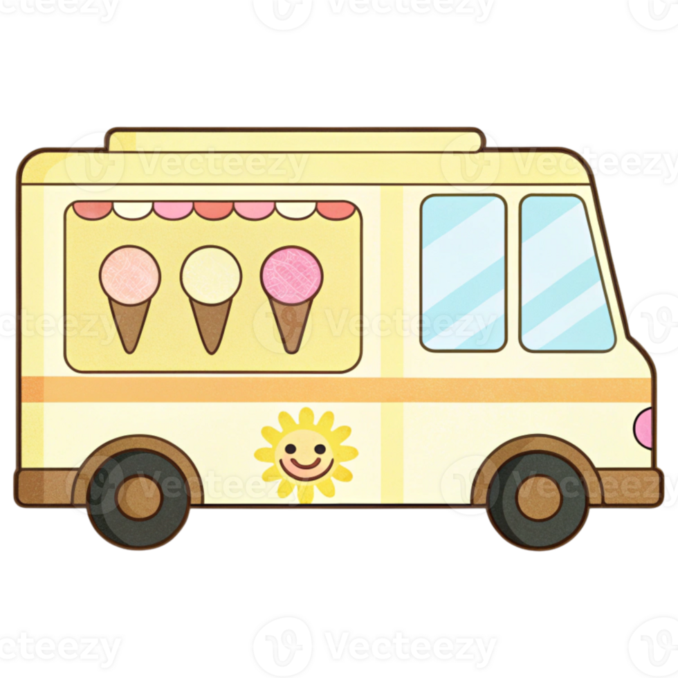 Colorful ice cream truck featuring cones and a smiling sun logo, evoking a cheerful summer atmosphere. png