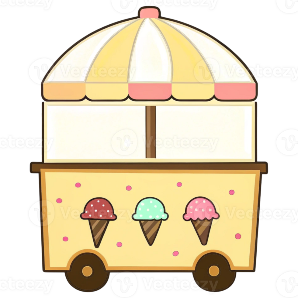 Colorful ice cream cart featuring three ice cream cones, perfect for summer treats and outdoor events. png