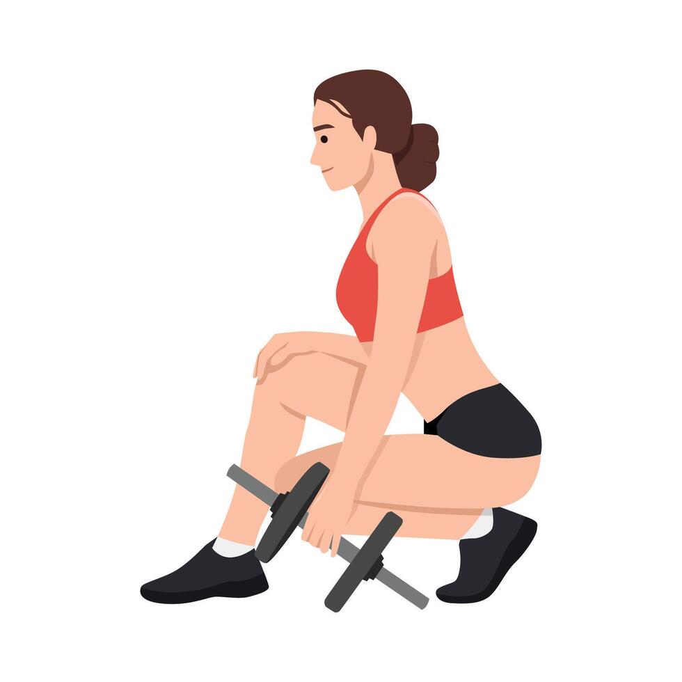 Fit woman is squatting while holding a dumbbell, ready to begin her strength training exercise. vector