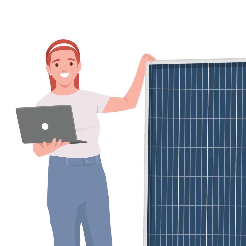 Woman holding a laptop stands beside a solar panel, representing clean energy. vector