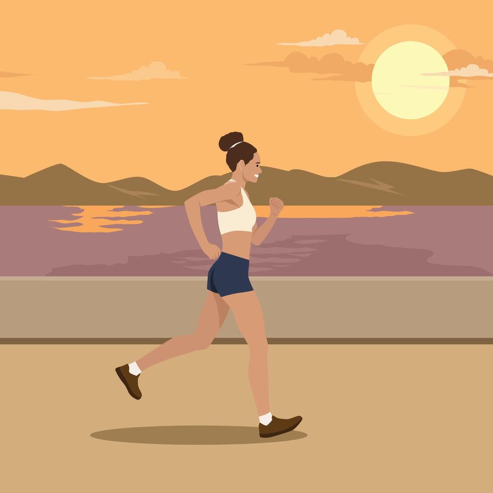 Woman enjoys a refreshing jog along a scenic waterfront path as the sun sets behind the mountains. vector