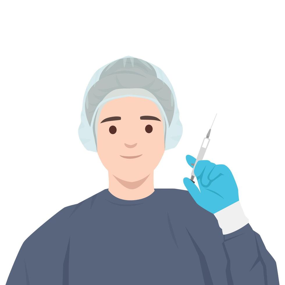 Medical professional wearing protective gear holds a syringe, ready for an injection or vaccination. vector