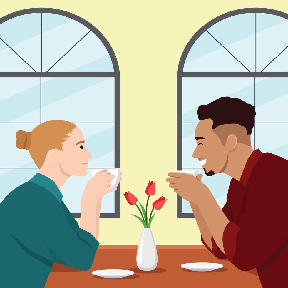 Couple enjoys a warm beverage together at a cozy cafe table, sharing laughter and quality time. vector
