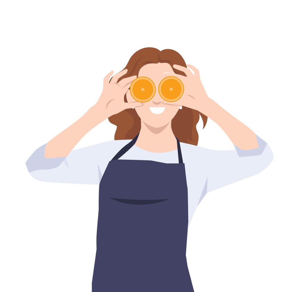 Cheerful woman in an apron playfully holds two orange halves over her eyes like goggles. vector