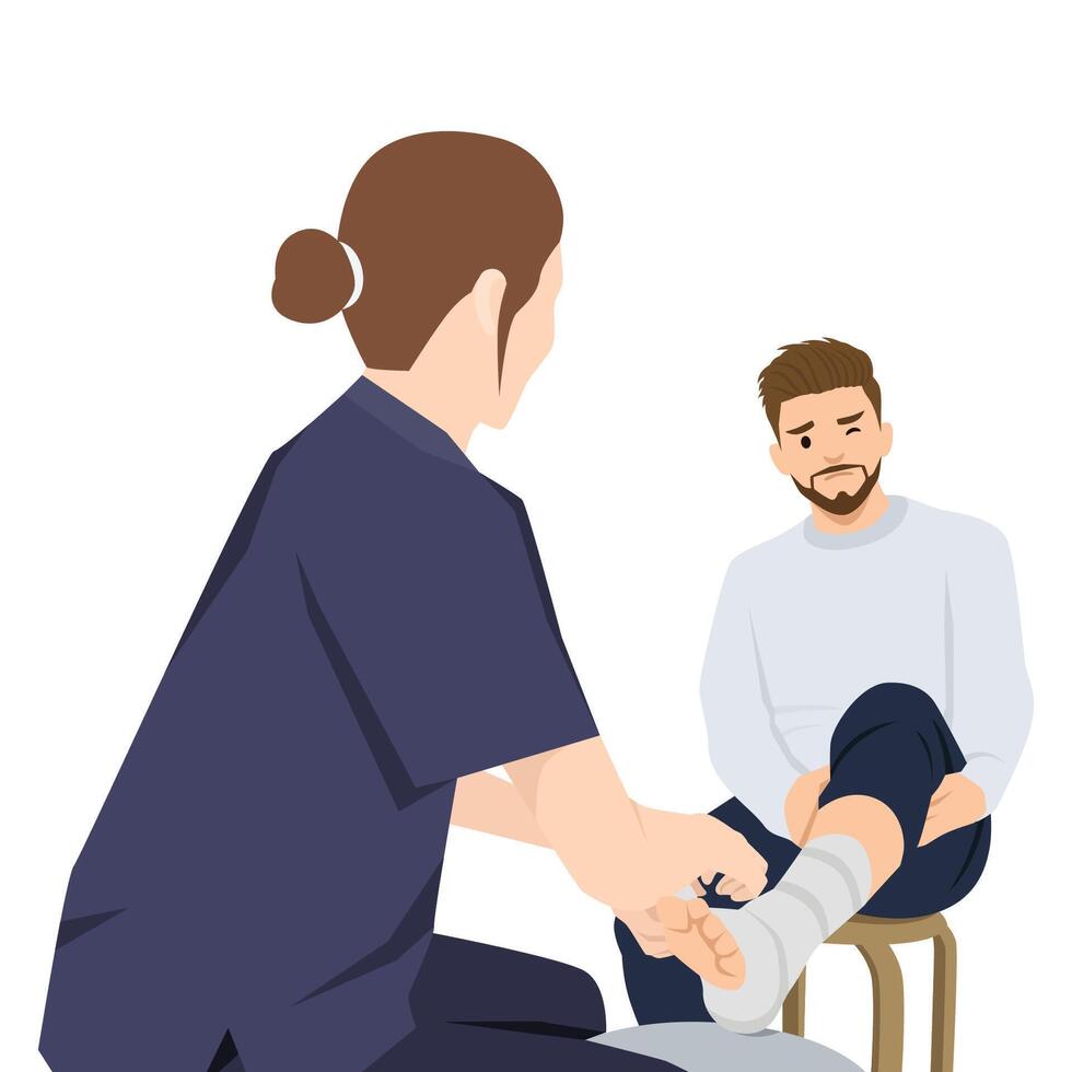 Healthcare professional is examining and supporting a man's injured ankle, injury recovery. vector