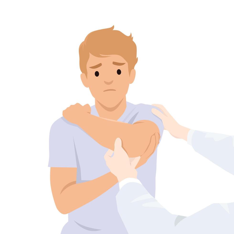 Man receives a shoulder examination from a medical professional to evaluate pain or discomfort. vector