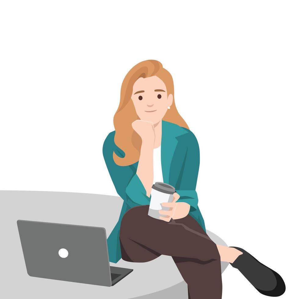 Calm woman sits at a table with a laptop and a coffee cup in hand. vector