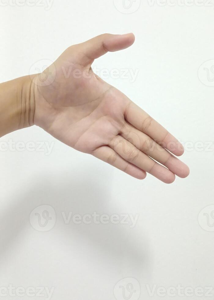 Closeup Asian female hands reaching for each other, help, shaking hands, sign arm and hand isolated on a white background copy space symbol language photo