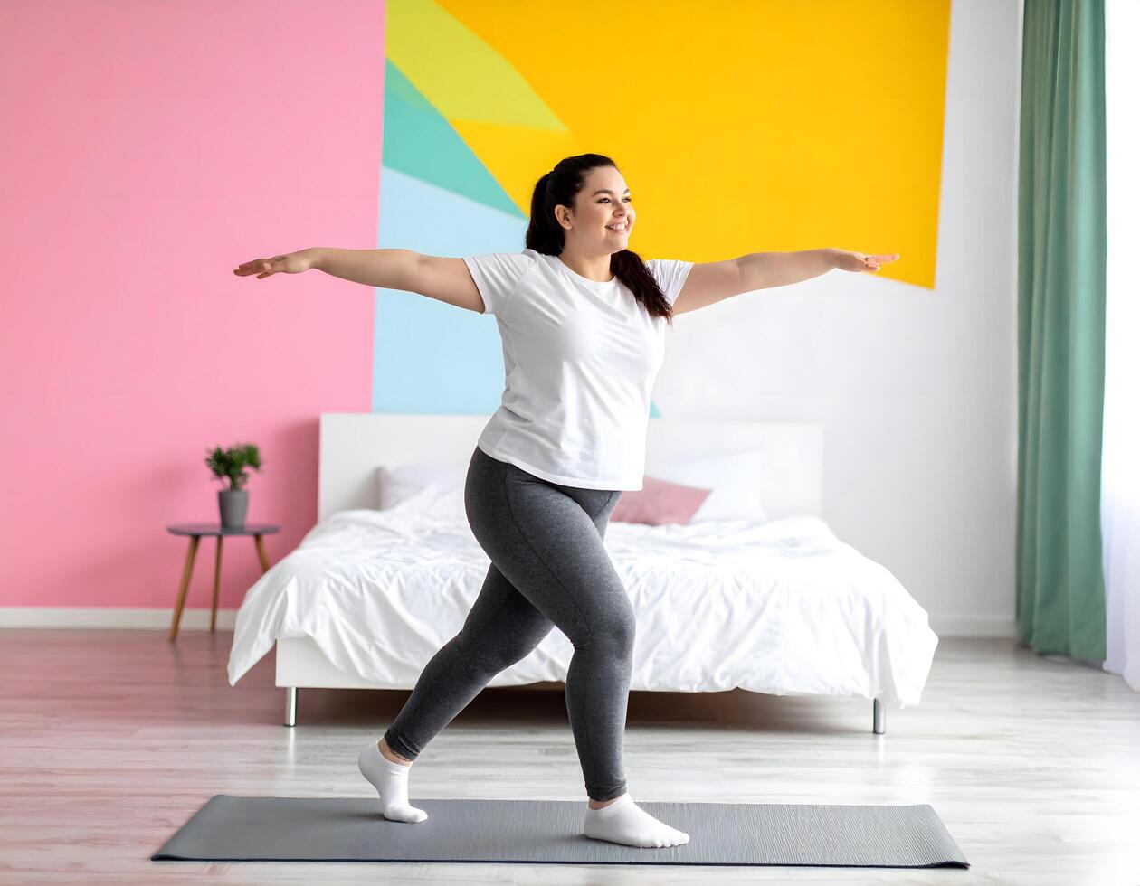A plus-size teenage girl practicing dance fitness routines in front of her mirror, surrounded by her colorful room. photo
