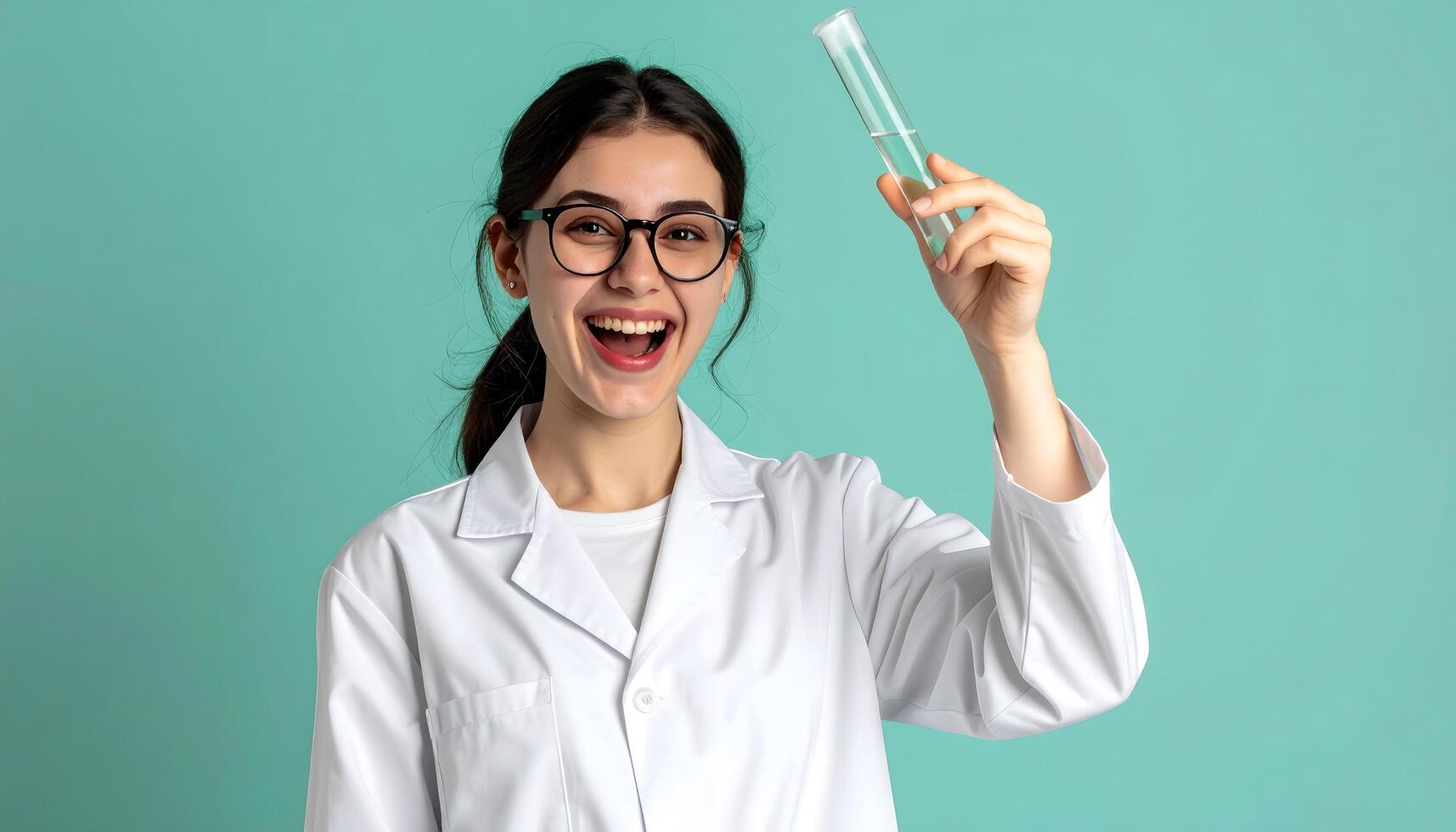 Scientist happily holding a test tube in a laboratory photo