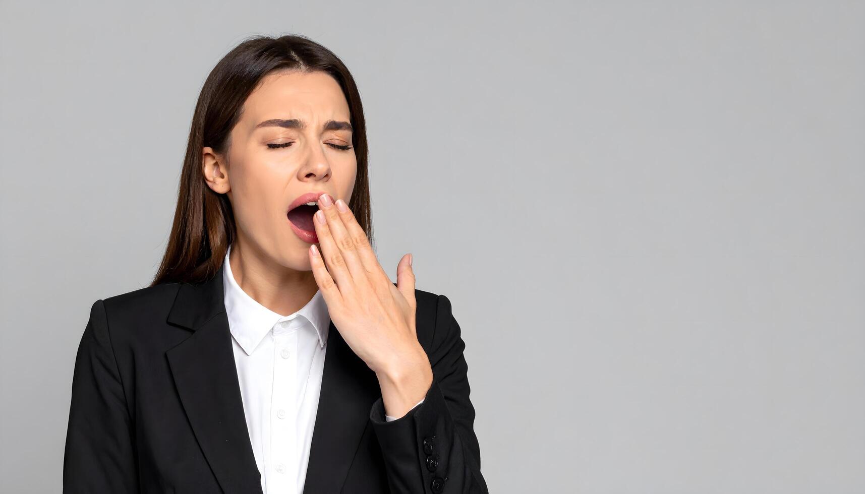 A realistic image of a female office worker yawning in formal attire, capturing the theme of workplace fatigue on a plain gray background. photo