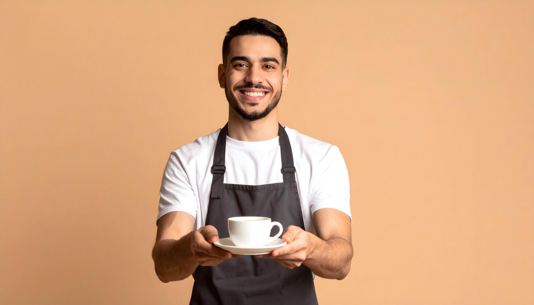 A cheerful young male barista wearing a casual apron, presenting a cup of coffee, on a simple beige backdrop, suitable for cafe promotions. photo