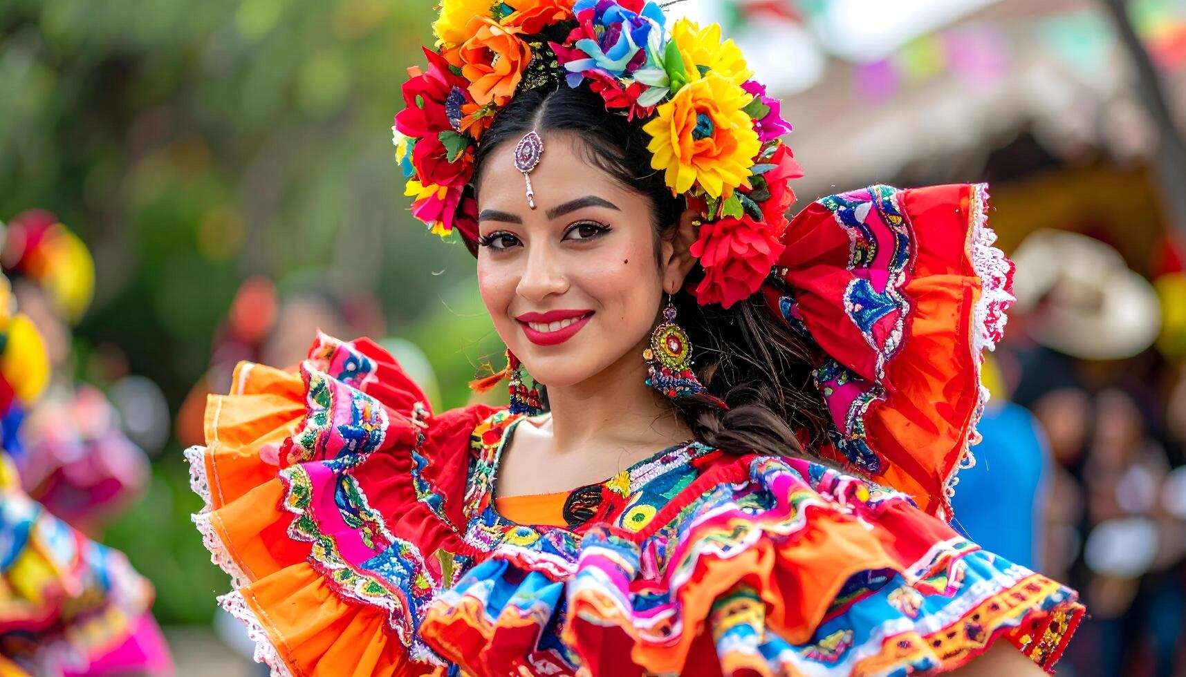 A graceful Latin American dancer performing a traditional folk dance, showing cultural expression through movement photo