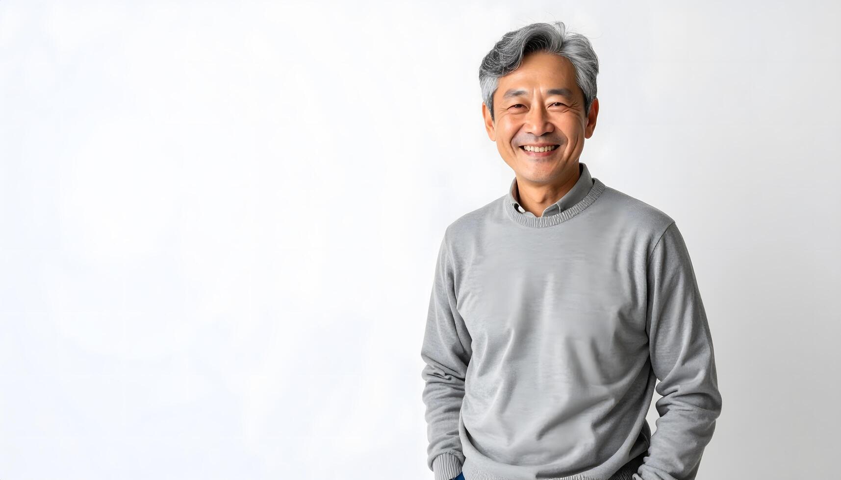 A happy senior man with grey hair, standing with hands in pockets and a warm smile, perfect for healthcare, retirement, and lifestyle ads. photo