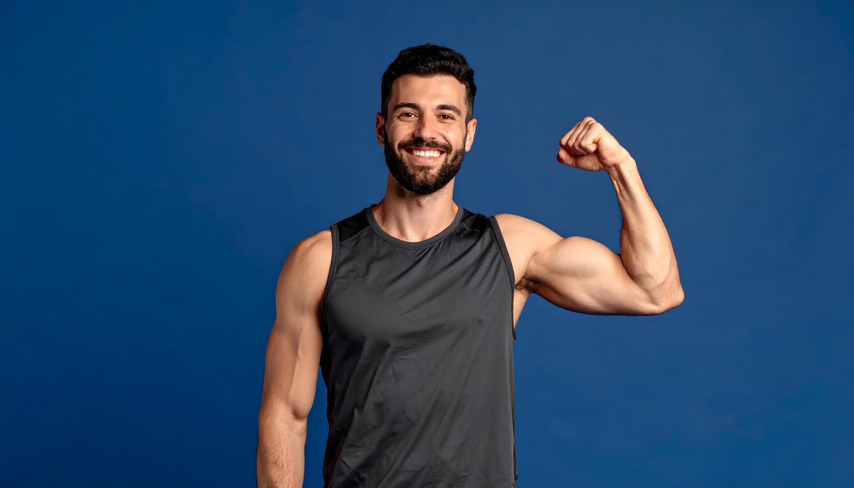 A male fitness coach dressed in sportswear making a fist pump to inspire motivation, perfect for health and fitness promotions on a plain dark blue background. photo