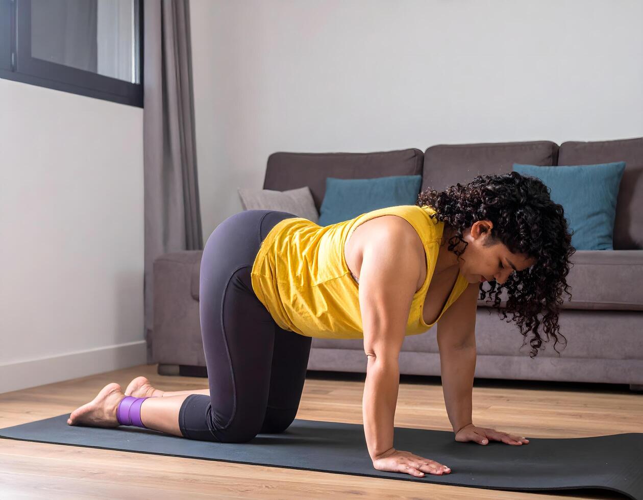 A plus-size woman exercising with resistance bands on a yoga mat in her cozy apartment, with morning light streaming in. photo