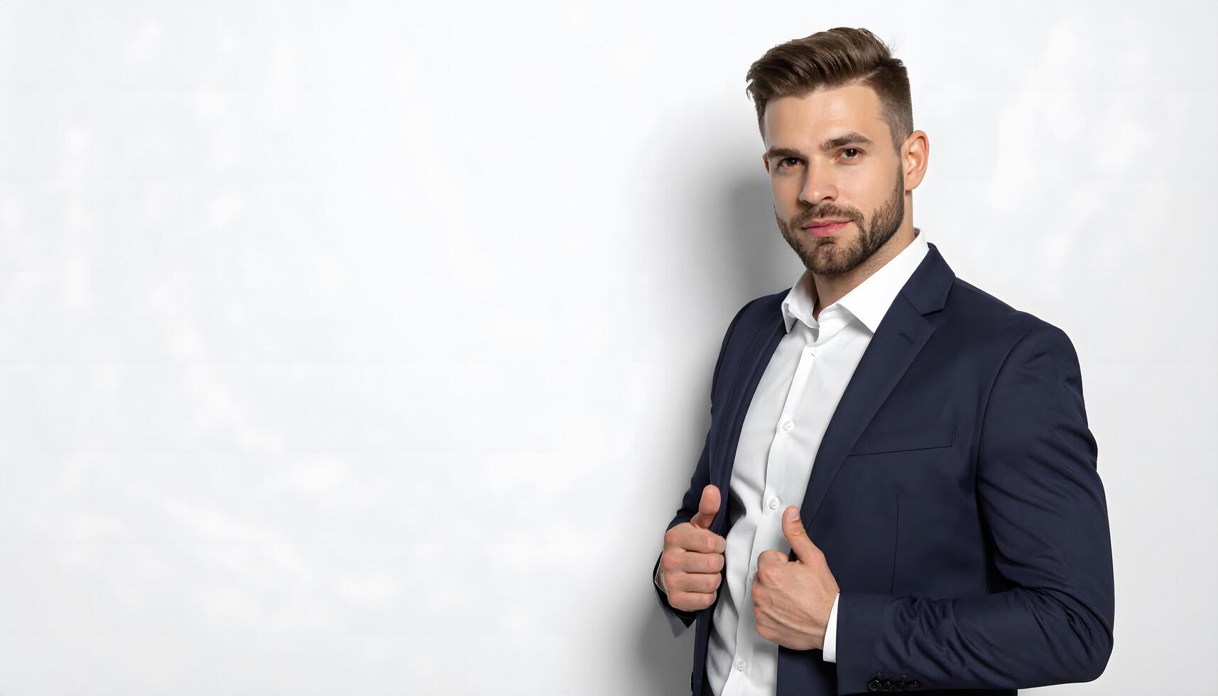 A sharp, confident businessman in a formal suit, leaning against a white background. Ideal for business, finance, and corporate branding. photo