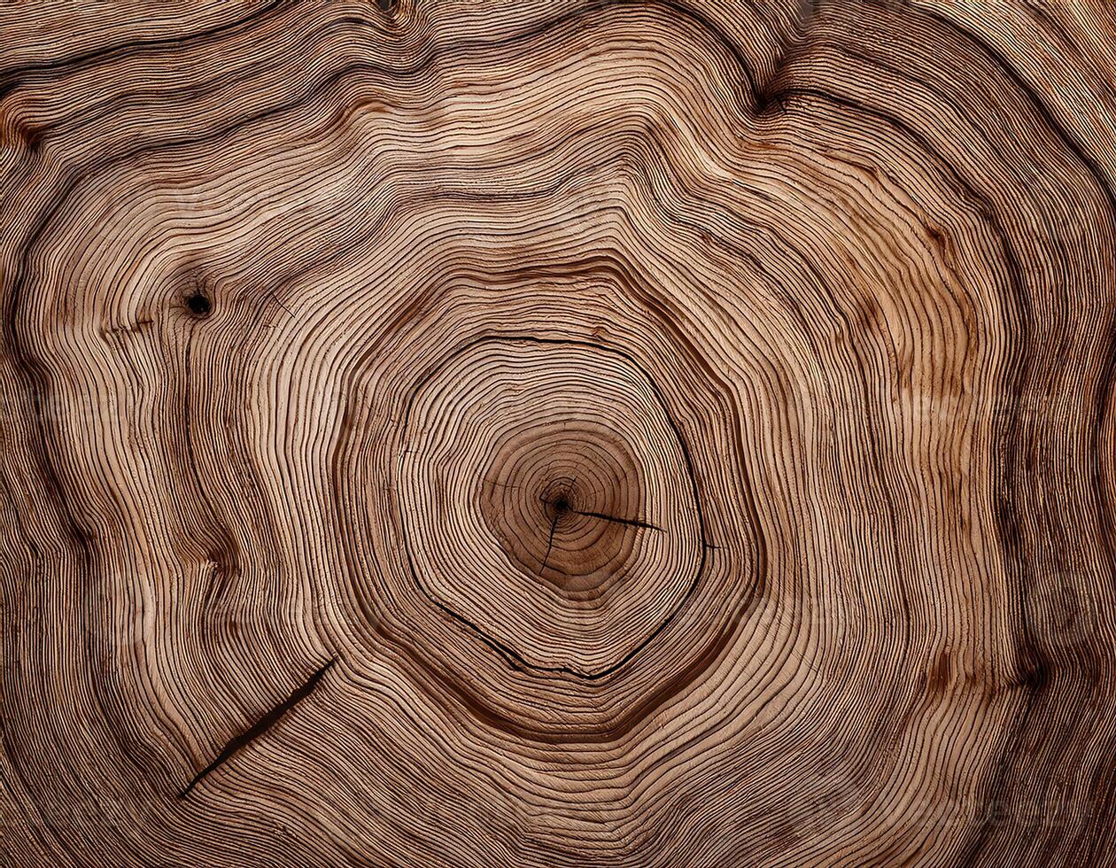 Cross-section of a tree showing age rings and cracks. photo
