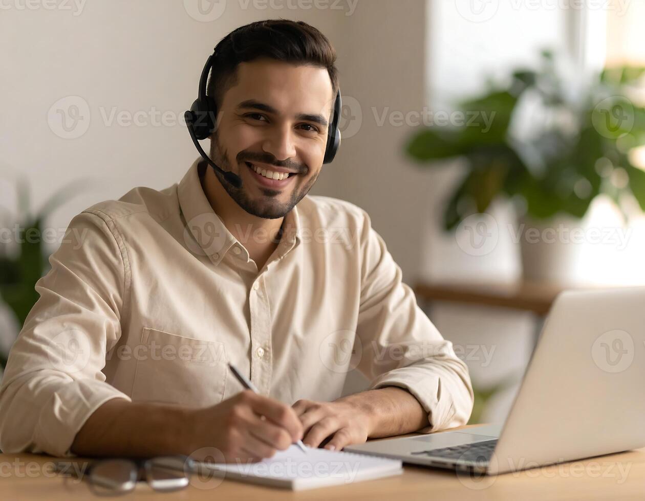 A smiling man wearing a headset and sitting at a desk with a laptop photo
